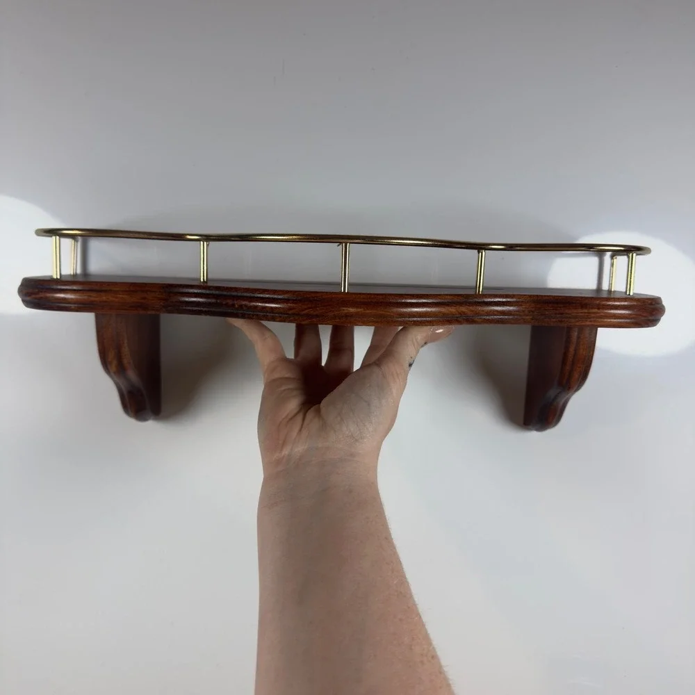 Vintage Dark Wood Wall Shelf with Brass Gallery Rail Plate Groove USA Made 16in